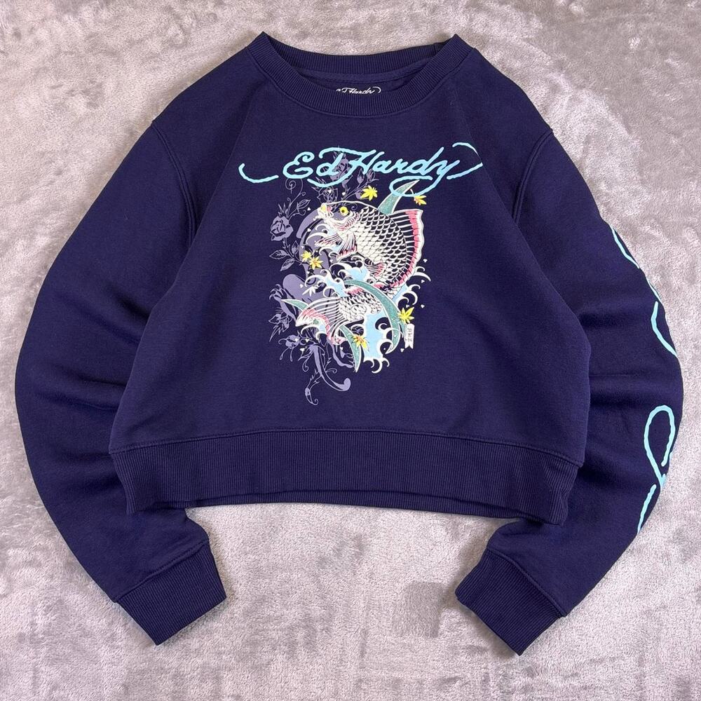 Ed Hardy Koi Fish Tattoo Graphic Cropped Sweatshirt Women’s Large Navy Blue Y2K